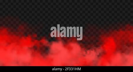 Realistic red colorful smoke clouds, mist effect. Fog isolated on transparent background. Vapor in air, steam flow. Vector illustration. Stock Vector