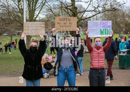 London, UK. 14 March 2021. People pays tribute and flowers to Sarah Everard on Bandstand at Clapham Common. Credit: Waldemar Sikora Stock Photo