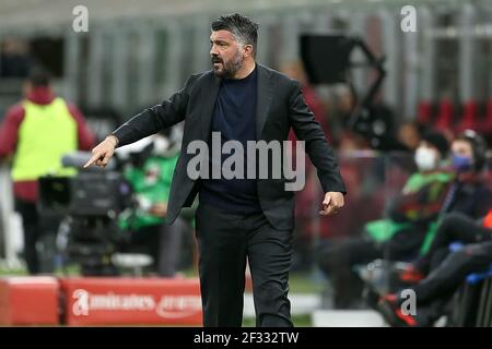 MILAN, ITALY - MARCH 14: coach Gennaro Gattuso of Napoli during the Serie A match between AC Milan and Napoli at Stadio Giuseppe Meazza on March 14, 2 Stock Photo