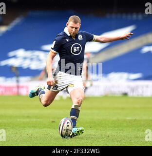 Scotland's Finn Russell kicks a conversion during the Guinness Six