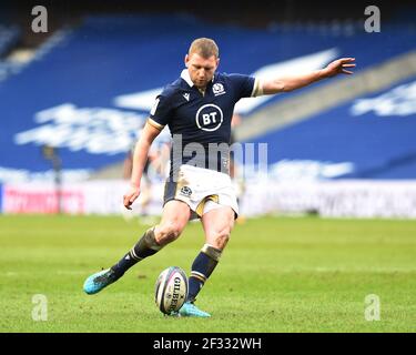 Scotland's Finn Russell kicks a conversion during the Guinness Six