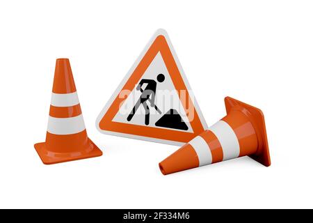 Two orange traffic warning cones or pylons with street or road construction sign on white background - under construction, maintenance or attention co Stock Photo