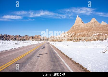 Badlands National Park in winter, South Dakota, U. S. A. Stock Photo