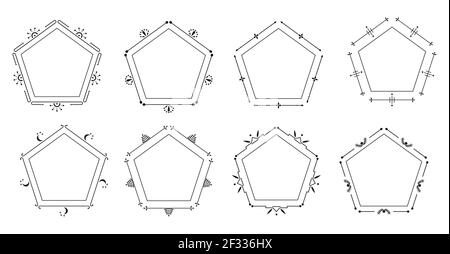 Elegant decorative black frame set. Ornamental pentagon frames great for certificate, menu, book page. Floral decor border for text wedding invitation card. Isolated on white vector illustration Stock Vector