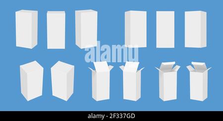 Blank white cardboard vertical box isolated on blue background. Medical packaging template mockup collection. Different viewing angles. 3D rendering i Stock Photo