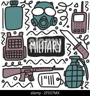 Hand drawing styles for Military items. Soldier doodle. Stock Vector