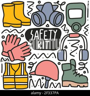 hand drawn doodle various safety kit Stock Vector