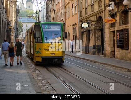 Tram going through Rynok square in centre of Lviv, Ukraine Stock Photo