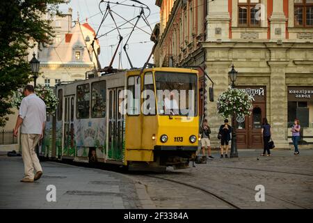 Tram going through Rynok square in centre of Lviv, Ukraine Stock Photo