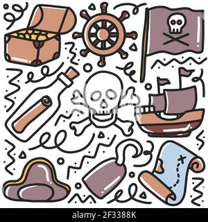 doodle set of pirate stuff hand drawing Stock Vector