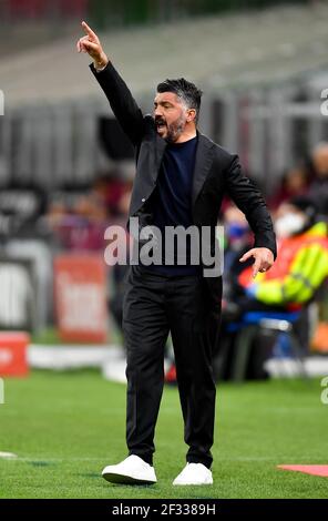 Milan, Italy. 14th Mar, 2021. Napoli's head coach Gennaro Gattuso guestures during a Serie A soccer match between AC Milan and Napoli in Milan, Italy, March 14, 2021. Credit: Daniele Mascolo/Xinhua/Alamy Live News Stock Photo