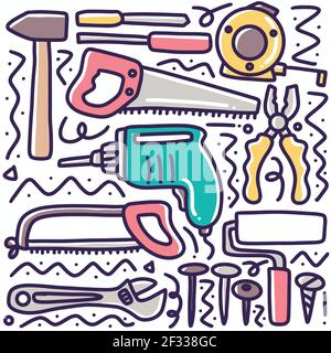 hand drawn builder equipment doodle set Stock Vector