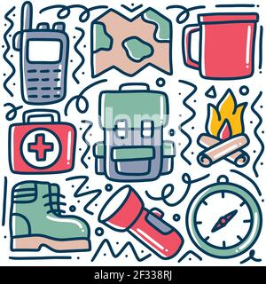 doodle set of camp tools hand drawing Stock Vector