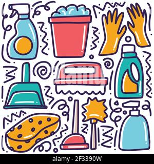 hand drawn cleaning equipment doodle set Stock Vector