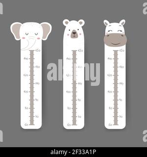 Kids height chart. Cute wall meter with funny animals. Vector template. Cartoon zoo. Design of children products in scandinavian style Stock Vector