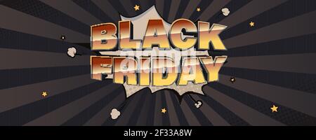 Black friday sale. Vintage glossy text on speech bubble background. Vector retro background with rays and halftone effect. Template for site header. Stock Vector