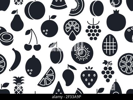 Vector seamless pattern, endless texture with fruits. Black silhouette isolated on a white background. Fill solid icon, glyph. Healthy food and Stock Vector