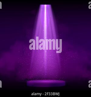 Purple spotlight. Bright lighting with spotlights of the stage with purple dust and cylinder podium. Stock Vector