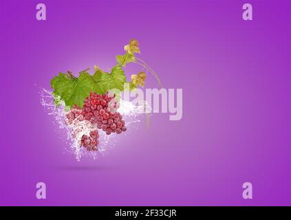 A bunch of bright red grapes and green leaves in the water splashed on a Purple background. Stock Photo