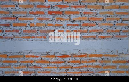 Empty old brick wall painted texture happy red-brown wall wide grunge brick wall shabby building with damaged plaster abstract web banner white copy s Stock Photo