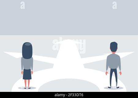 Confused newlyweds are standing at a crossroads , in front of arrows as symbol for choice, career path or opportunities, business concept decision Stock Vector