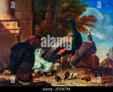 A group of birds scurrying at the base of a column. In the foreground a turkey, behind it a hen with chicks and two peacocks. Hondecoeter enlivened hi Stock Photo