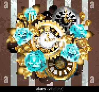 Patterned, antique watch, adorned with jewelry, gold hour hands and Latin numerals with turquoise roses on brown, striped background. Steampunk style. Stock Vector