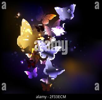 Fabulous glowing, golden and purple butterflies on dark glowing background. Stock Vector