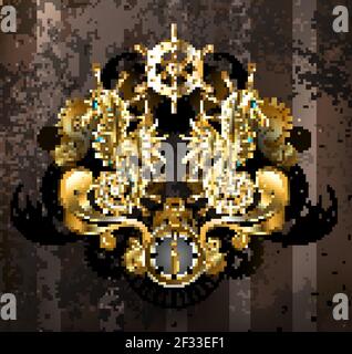 Symmetrical composition of mechanical, gold seahorses, brass gears, antique compass, golden steering wheel on brown striped shabby background. Steampu Stock Vector
