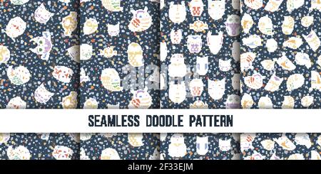 Set of seamless doodle owl patterns. Cute print collection for kids, scrap and other. Vector endless illustrations Stock Vector