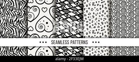 Cute collection of doodle hipster seamless patterns. Ornament set for your design, wallpaper, background, fabric textile. Vector illustrations Stock Vector