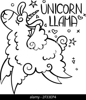 Unicorn Llama. Cute curly alpaca unicorn is flying and dancing with happiness. Illustration for coloring pages, children and adult prints, baby shower Stock Vector