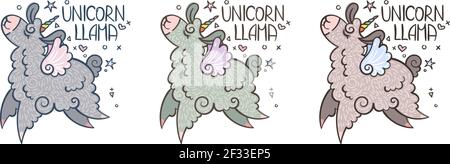 Unicorn Llama. Set of cute curly alpaca-unicorns flying and dancing with happiness. Illustration for coloring pages, children and adult prints, baby s Stock Vector