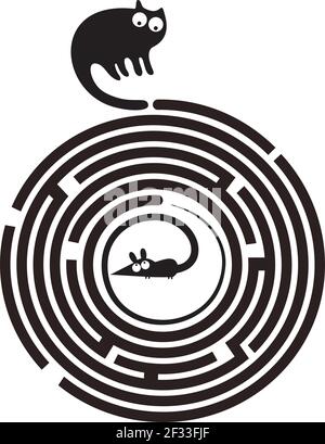 Funny cat and mouse in round maze Stock Vector