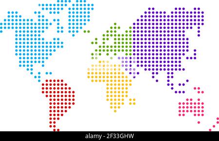 Simplified world map drawn with round dots. Vector illustration (different colors for each continent) Stock Vector