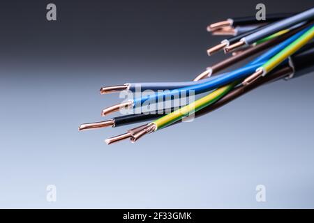 Colorful electrical cables with copper wiring ending on isolated grey background. Stock Photo