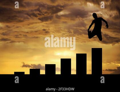 Young man jump above chart in beach at sunrise time, Careen growth, financial freedom and self-development concept Stock Photo