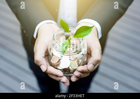 Plant growing from money (coins) in the glass jar held by a businessman - business and financial metaphor Stock Photo