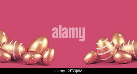 Banner with golden Easter eggs with simple stripe and dot pattern on pink background with copy space Stock Photo