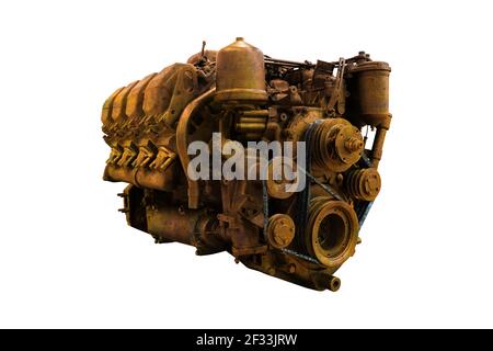 Old rusty diesel engine isolated on white background Stock Photo