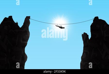 man taking risk business concept. balancing guy on the rope between two cliff. conceptual image Stock Photo