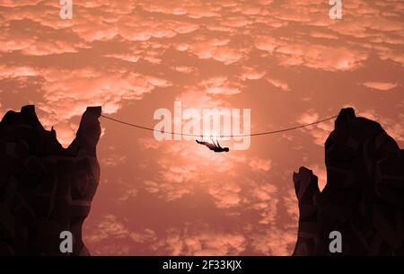 Young Man balancing on line rope between two high cliff. Business risk taking concept. danger hobby, Blue sky and challenger businessman cliff concept Stock Photo