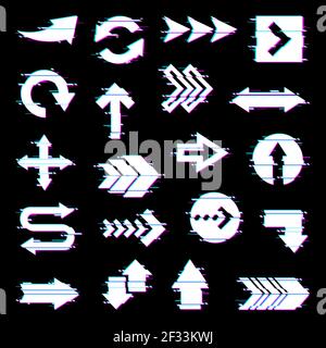 Arrows and pointers set with screen glitch effect. Turnover, two-way traffic and main road signs, circular motion, left and right directions, web navi Stock Vector