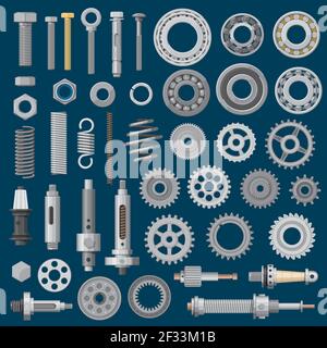 Bolts, screws and nuts icons, construction nails, rivets and hardware tools, vector. Metal mechanic parts and fastener equipment, drill heads and mech Stock Vector