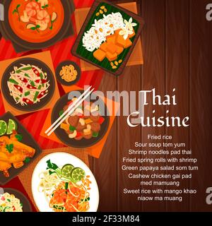 Thai cuisine vector cashew chicken gai pad med mamuang. Green papaya salad som tum and sweet rice with mango khao niaow ma muang. Fried spring rolls w Stock Vector