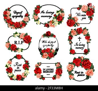 Funeral vector frames with mourning sketch flowers, sincere condolence, rest in peace, deepest sympathy typography. Obituary mournful funereal oval, r Stock Vector