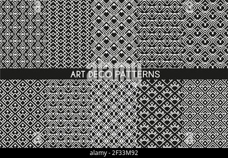 Art deco pattern backgrounds, geometric vintage seamless abstract wallpapers, vector. Luxury retro art deco patterns and geometric line ornaments, bla Stock Vector