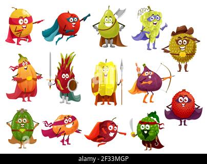 Funny cartoon fruits of superhero, pirate, cowboy and knight vector characters. Papaya, orange, peach and grape, fig, lychee, feijoa and durian, caram Stock Vector