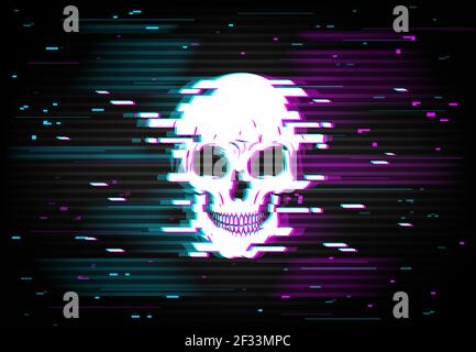 Human skull on glitching display backdrop. Danger glitch or computer program bug, hacker attack or cybersecurity breach symbol. White skull on black b Stock Vector