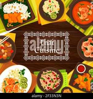 Thai cuisine vector fried spring rolls with shrimp, sour soup tom yum, cashew chicken gai pad med mamuang. Sweet rice with mango khao niaow ma muang, Stock Vector